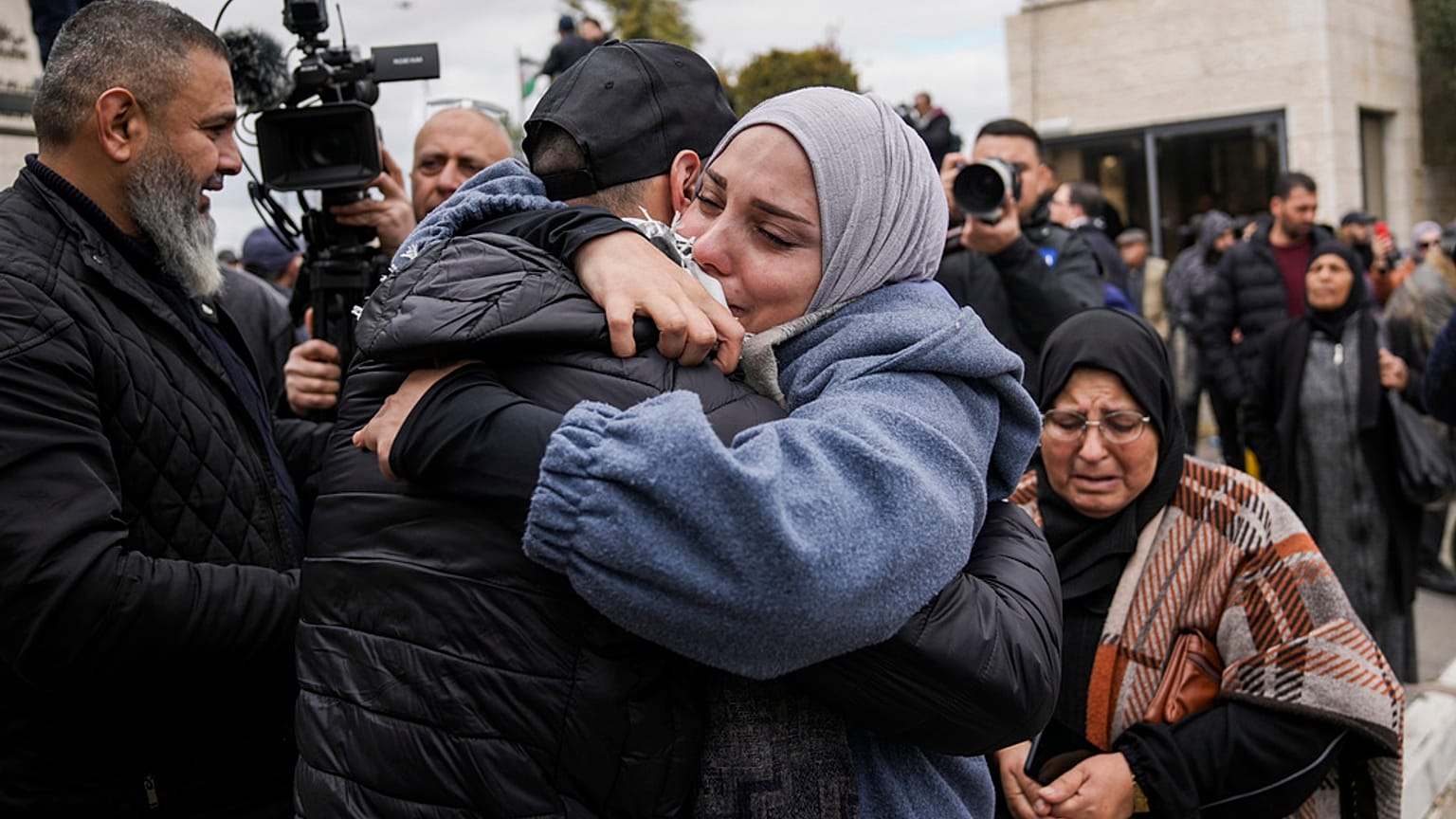Palestinian prisoners greeted after being released from Israeli prison following a ceasefire agreement between Israel and Hamas, in the West Bank city of Ramallah, Feb 8 2025