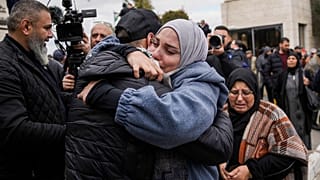 Palestinian prisoners greeted after being released from Israeli prison following a ceasefire agreement between Israel and Hamas, in the West Bank city of Ramallah, Feb 8 2025