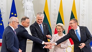 Litvanya Cumhurbaşkanı Gitanas Nauseda, Avrupa Komisyonu Başkanı Ursula von der Leyen ile birlikte, solda, 9 Şubat 2025 Pazar günü Litvanya'nın Vilnius kentindeki Cumhurbaşkanlığı sarayında. 
