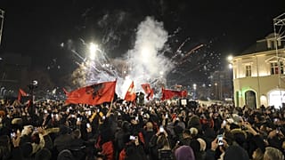 Supporters of the left-wing Vetevendosje! party celebrate following initial results of the parliamentary election in Pristina, 10 February, 2025