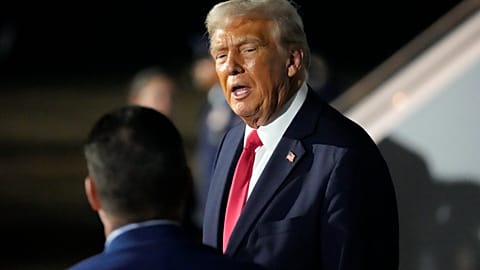 President Donald Trump is pictured before boarding Air Force One at the Naval Air Station Joint Reserve Base in New Orleans, Sunday, Feb. 9, 2025. 