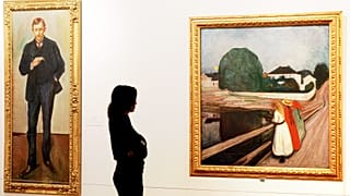 Imagen de una ciudadana viendo una exposición con cuadros del pintor noruego Edvard Munch.