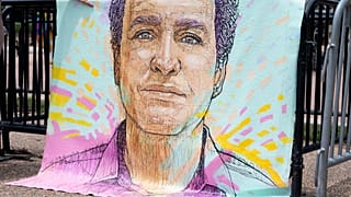 Rusya'da üç buçuk yıl önce tutuklanan Marc Fogel'in çizimi Beyaz Saray'ın önünde düzenlenen bir protestoda gösterildi, 15 Temmuz 2023 