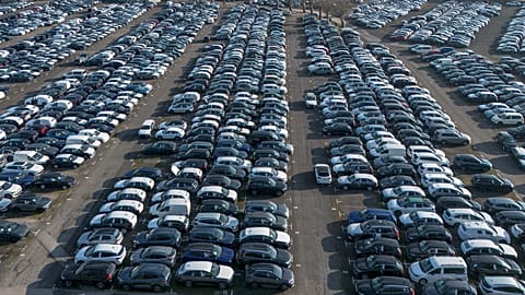 New German cars stored at a logistic centre in Essen, Germany - despite the tariffs plan, European car stocks are doing well