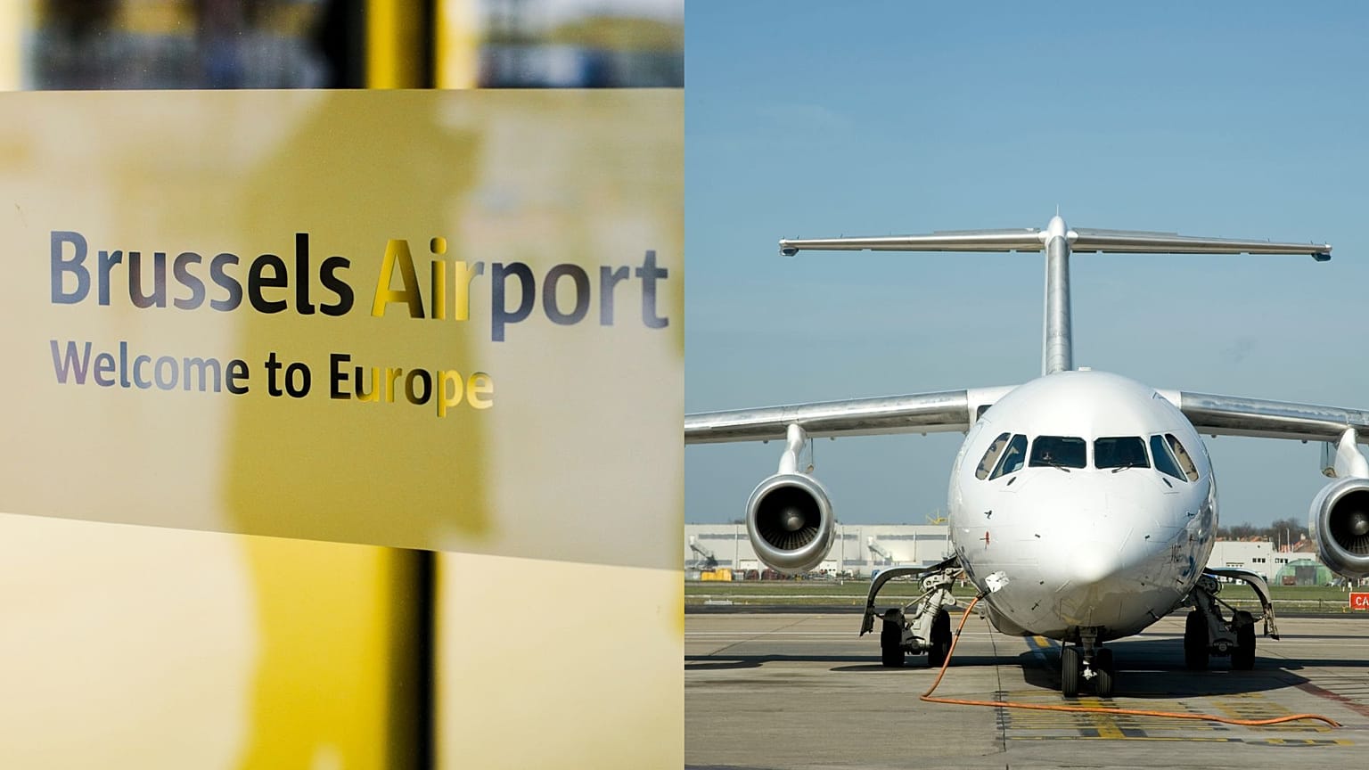 Sinal de boas-vindas e avião a ser abastecido no aeroporto de Bruxelas