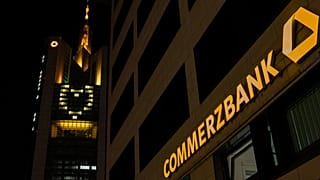 Commerzbank headquarters in Frankfurt, Germany, with a yellow lit heart for the campaign "Proud2BeYellow".