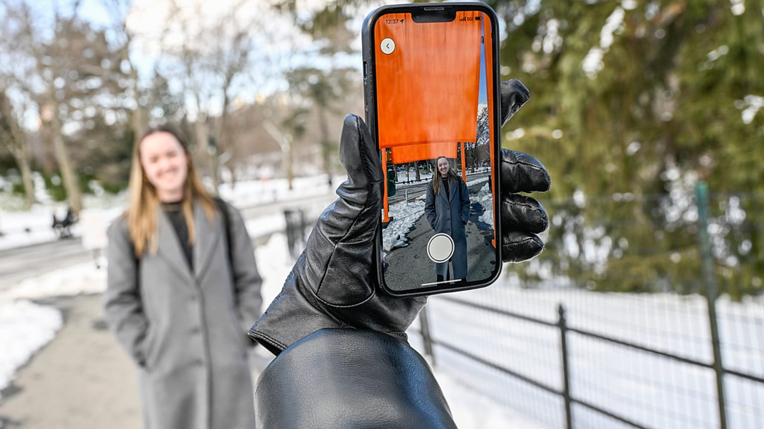 Christo and Jeanne-Claude Foundation's The Gates Augmented Reality experience viewed with the Bloomberg Connects app on a smart phone in Central Park