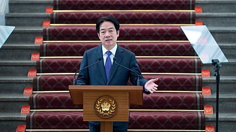 In this photo released by the Taiwan Presidential Office, Taiwan's President Lai Ching-te speaks at a press conference. 2025.