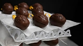 Chocolate eggs dry in the workshop at The Chocolate Line in Bruges, Belgium