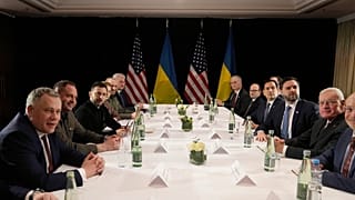 United States Vice-President JD Vance, third right, and United States Secretary of State Marco Rubio, fourth right, meet with Ukraine's President Volodymyr Zelenskyy
