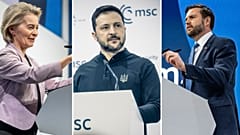Avrupa Komisyonu Başkanı Ursula von der Leyen, Ukrayna Devlet Başkanı Volodymyr Zelenskyy, ABD Başkan Yardımcısı JD Vance 14-16 Şubat 2025 tarihleri arasında Almanya'da düzenlenen Münih Güvenlik Konferansında.