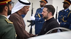 UAE President Sheikh Mohammed bin Zayed Al Nahyan, left, and Ukrainian President Volodymyr Zelenskyy meet in Abu Dhabi, 17 February, 2025