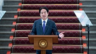 FILE - Taiwan's President Lai Ching-te speaks at a press conference after a security meeting about US President Trump's tariffs, 14 Feb 2025.