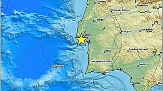 Epicentro terremoto vicino Lisbona, 17 febbraio 2025, Centro sismologico euromediterraneo (Emsc)