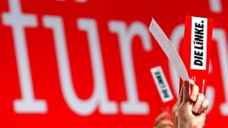 Vorstandsmitglieder der Partei "Die Linke" halten am Sonntag, 21. Juni 2009, beim Wahlparteitag der Linken in Berlin waehrend einer Abstimmung Stimmkarten hoch.
