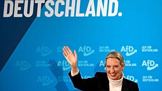 Alice Weidel, top candidate of the Alternative for Germany, AfD, waves after her speech at an election campaign in Heidenheim, Germany, Sunday, Feb. 9, 2025.