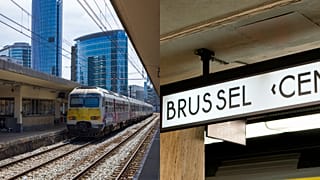 Un train dans le quartier d'affaires de Bruxelles, et le panneau de la gare centrale de Bruxelles