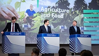 Raffele Fitto (középen), kohéziós forrásokért és reformokért, illetve Christophe Hansen (jobbra) mezőgazdaságért felelős biztos