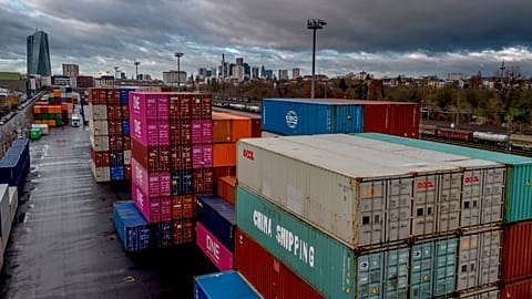 Stacked containers held at Frankfurt's cargo terminal 