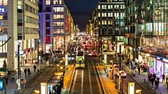 Aerial view of Friedrichstrasse, a major shopping street in central Berlin, Germany.
