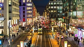 Aerial view of Friedrichstrasse, a major shopping street in central Berlin, Germany.
