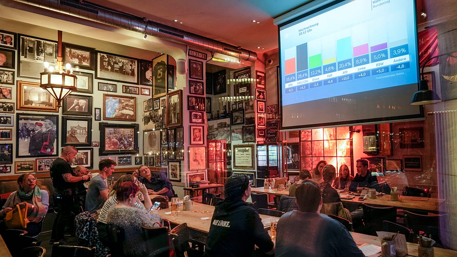 Menschen beobachten die ersten Hochrechnungen in einer Kneipe in Berlin, Sonntag, 23. Februar 2025, nach der Bundestagswahl. 