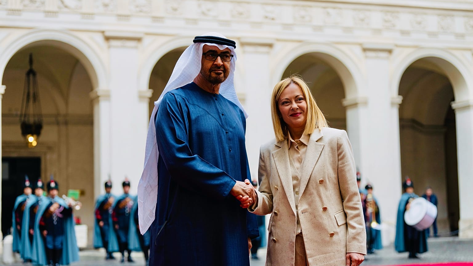 Giorgia Meloni con il presidente degli Emirati Arabi Uniti a Palazzo Chigi, Roma, 24 febbraio 2025, credits Palazzo Chigi