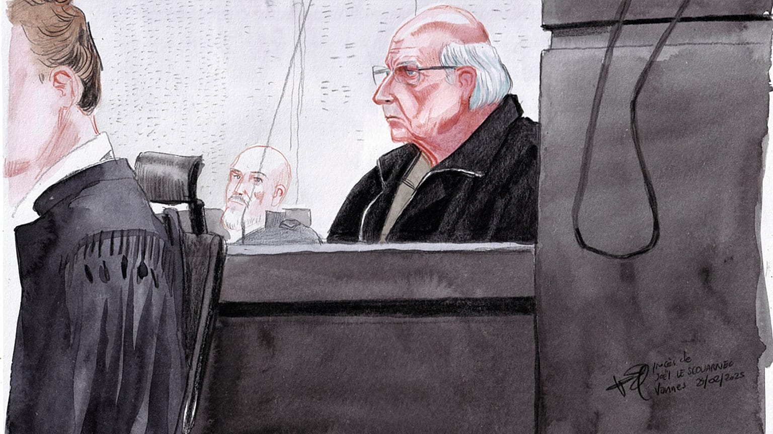 Questo schizzo mostra Joel Le Scouarnec seduto in tribunale e accusato di aver abusato di 299 persone, per lo più bambini, presso il tribunale di Vannes, 24 febbraio 2025.