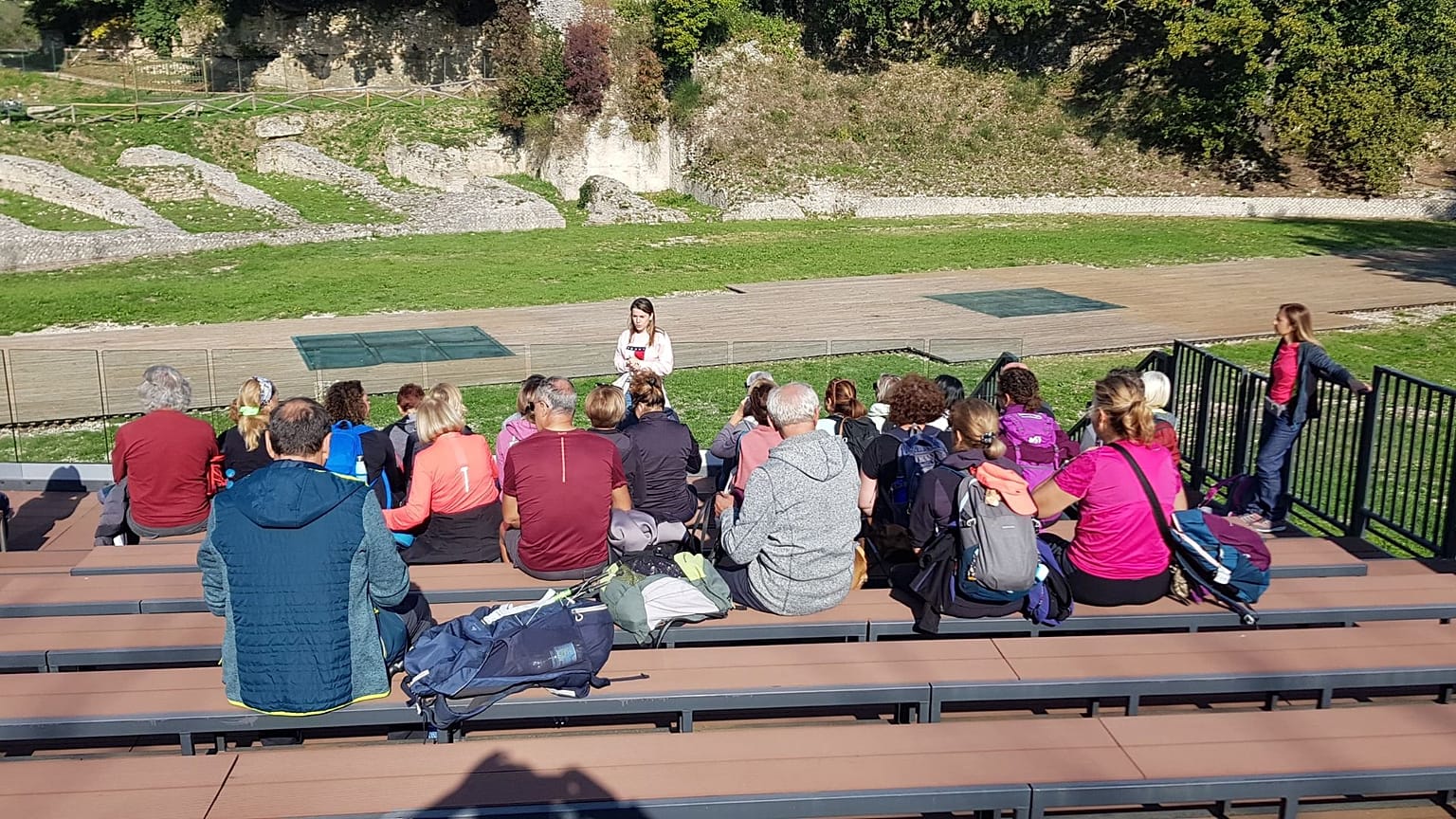 Volunteer Sara gives a tour of Trebula Mutuesca’s amphitheatre, Italy