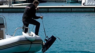 An underwater drone is pulled from the water during a demonstration at a Marina in the southern resort of Ayia Napa, Cyprus.