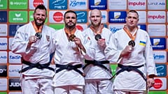 Das Podium in der Klasse +100 kg. Guram Tushishvili aus Georgien holte Gold.