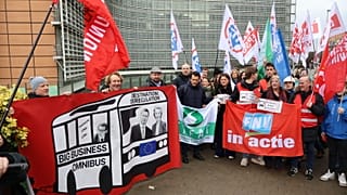 Workers groups protest outside the European Parliament's Berlaymont headquarters in Brussels as the EU executive prepares an 'omnibus' package of deregulatory measures