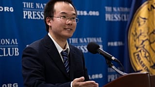 Dong Yifu, the son of imprisoned Chinese veteran journalist Dong Yuyu speaks about his father's detention to the National Press Club in Washington, 24 Feb, 2025.