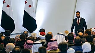 احمد شرع، رئیس‌جمهوری موقت سوریه در کنفرانس گفتگوی ملی در دمشق، فوریه ۲۰۲۵