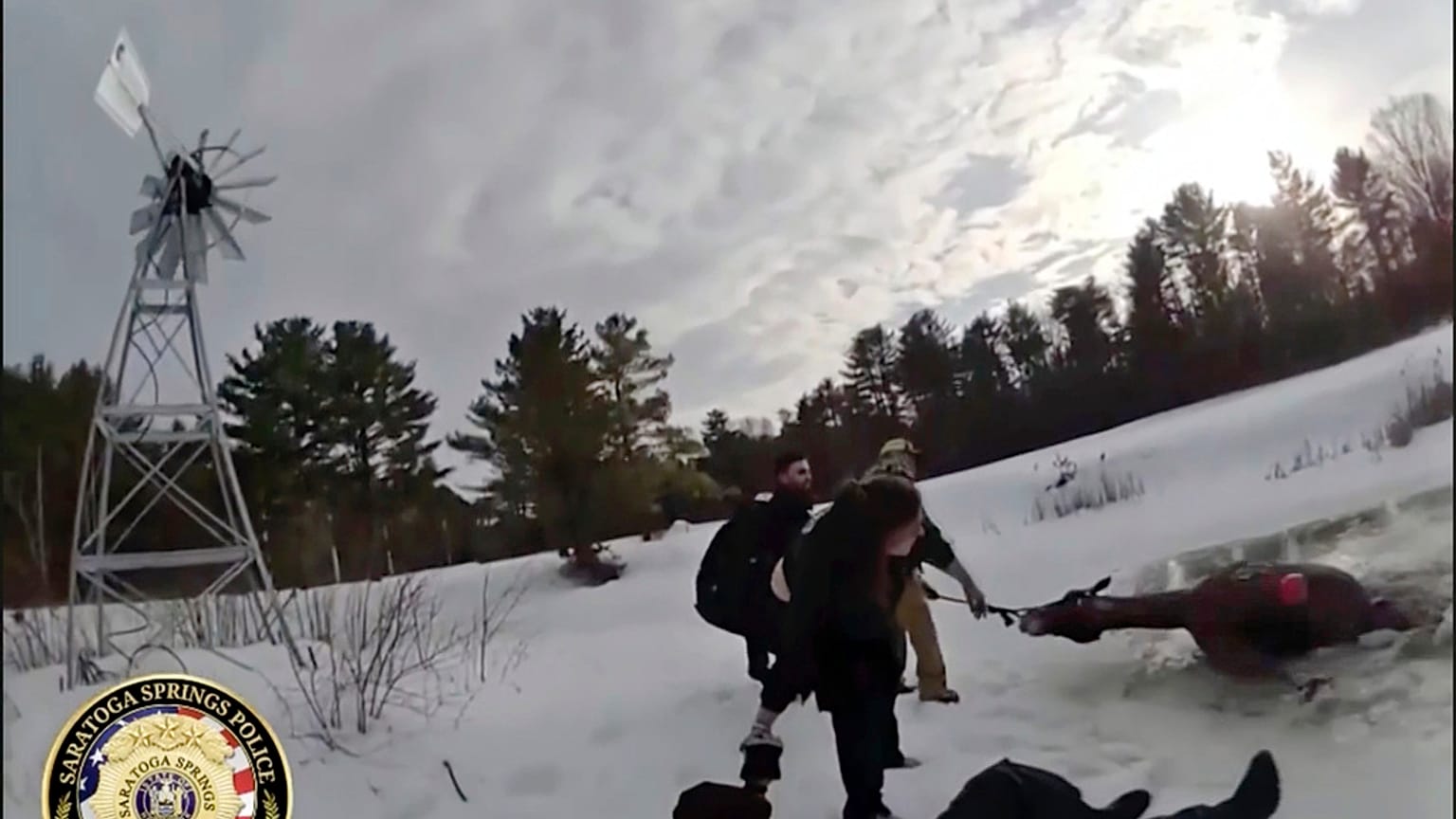 Immagine del salvataggio del cavallo Sly in uno stagno ghiacciato a Saratoga Springs (NY), tratta da video delle body cam della polizia di Saratoga Springs, 24 febbraio 2025