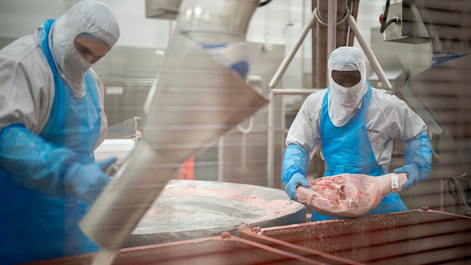 В мясном цехе испанской компании много иностранцев.