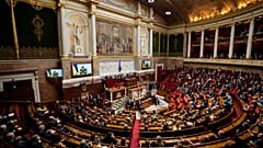 Ukrayna Devlet Başkanı Volodymyr Zelenskyy, 23 Mart 2022 Çarşamba günü Paris'te Fransa Ulusal Meclisi'nde milletvekillerine hitap ediyor.