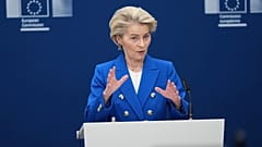European Commission President Ursula von der Leyen speaks during a media conference on the defense package at EU headquarters in Brussels, March 4, 2025. 