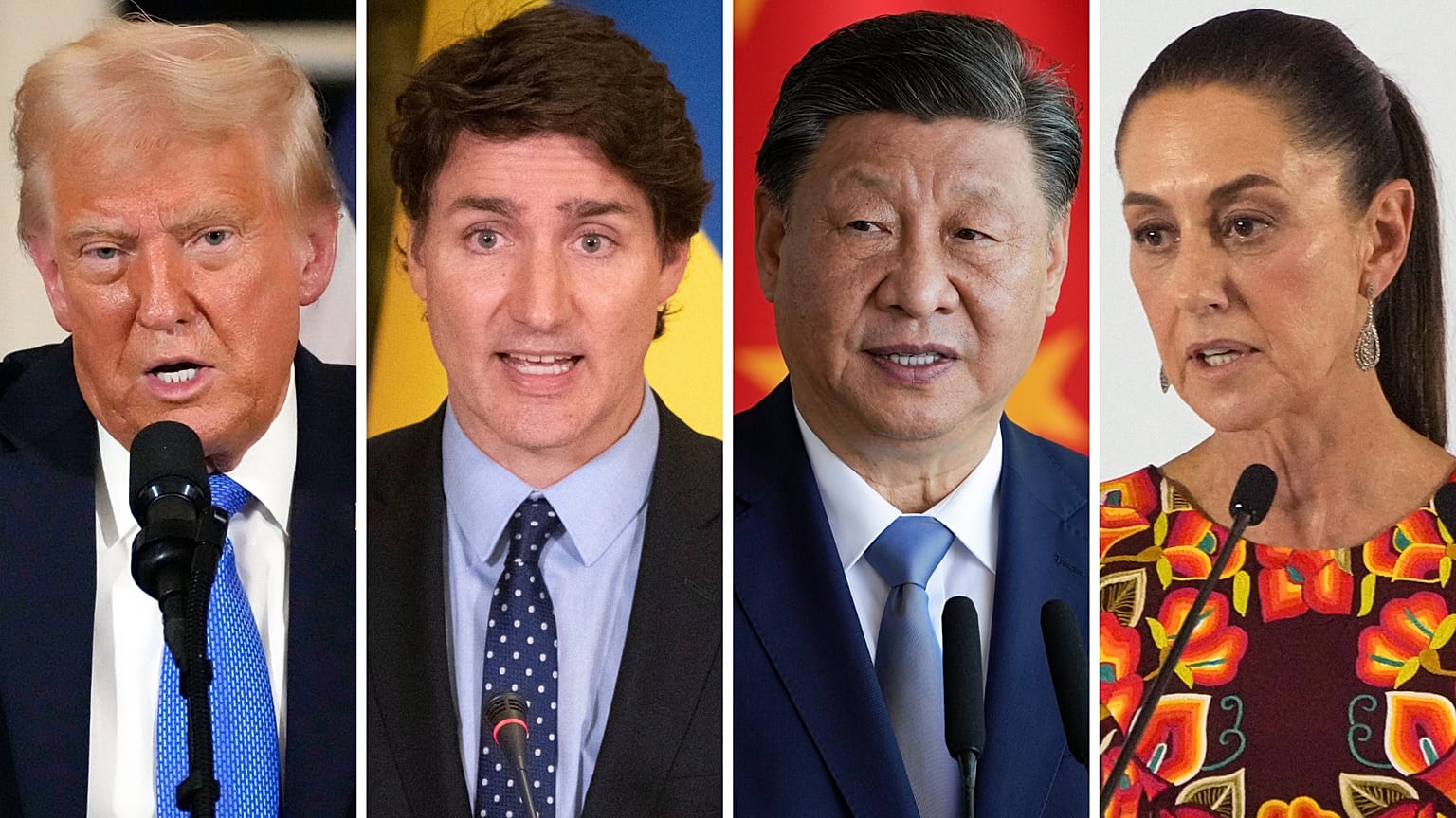 O Presidente dos EUA, Donald Trump, o Primeiro-Ministro canadiano, Justin Trudeau, o Presidente chinês, Xi Jinping, e a Presidente do México, Claudia Sheinbaum.
