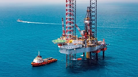 Aerial view of an offshore oil rig. 
