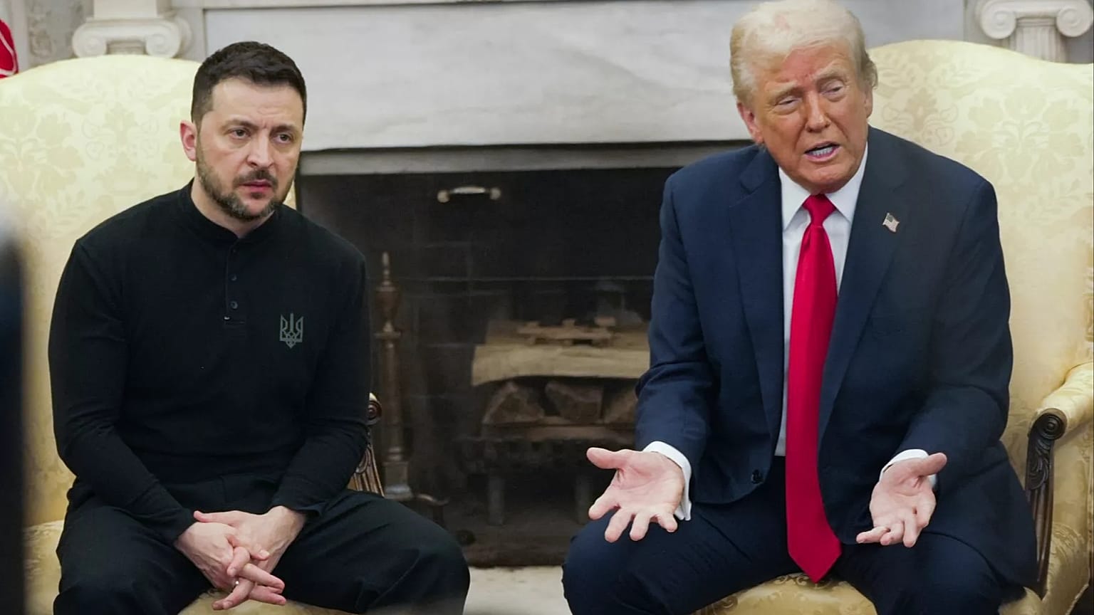 President Donald Trump, right, meets with Ukrainian President Volodymyr Zelenskyy in the Oval Office at the White House, Washington, 28 February 2025.