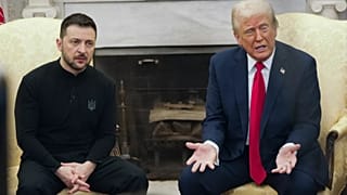 President Donald Trump, right, meets with Ukrainian President Volodymyr Zelenskyy in the Oval Office at the White House, Washington, 28 February 2025.