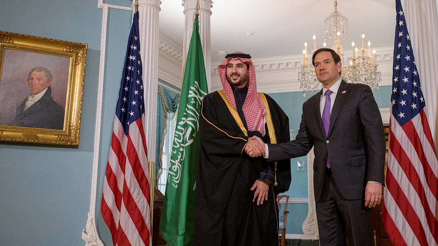 Secretary of State Marco Rubio meets with Saudi Arabia's Defence Minister Prince Khalid bin Salman at the State Department, 25 February 2025
