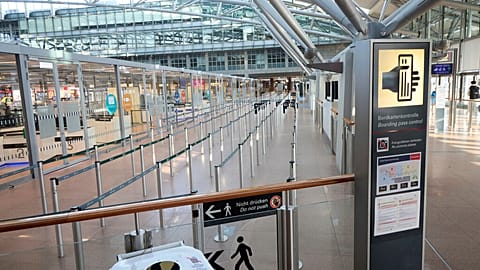 An area in front of the security checkpoints is empty at Hamburg Airport, Germany Sunday, March 9, 2025.