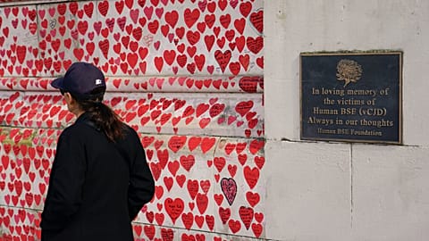 Una donna passa davanti al National Covid Memorial Wall, sulla riva sud del fiume Tamigi a Londra, giovedì 14 marzo 2024.