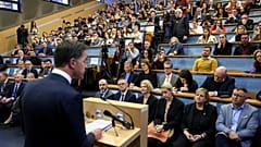 NATO-Generalsekretär Mark Rutte spricht während einer Vorlesung an der Fakultät für Politikwissenschaften in Sarajevo, Bosnien, Montag, 10. März 2025.