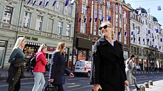 A woman walks under EU flags placed in one of the main streets in Sarajevo, Bosnia, Thursday, March 21, 2024.