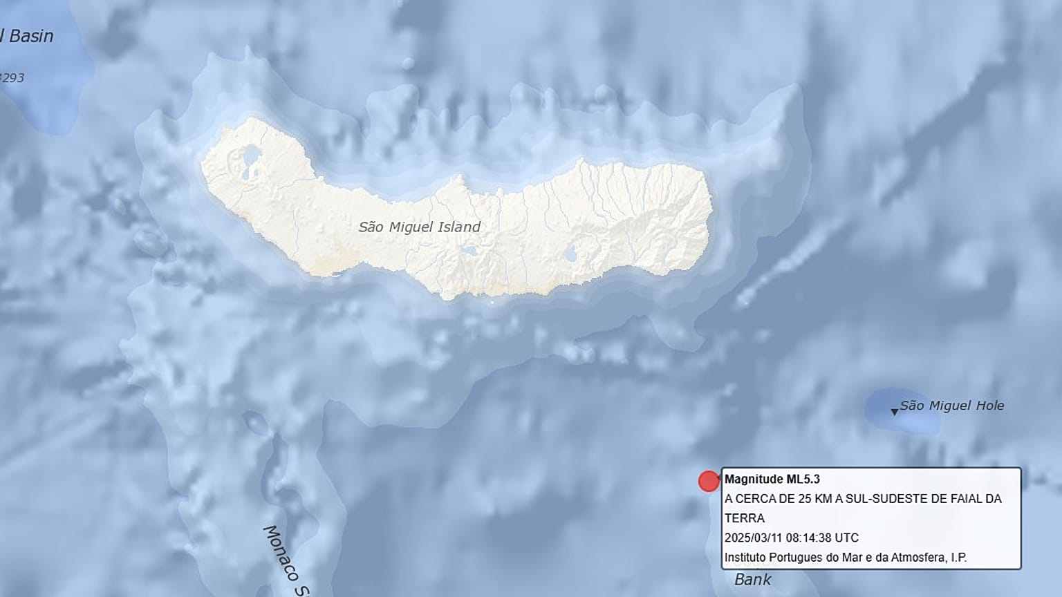 Mapa com epicentro do sismo sentido nos Açores, 11 de março de 2025
