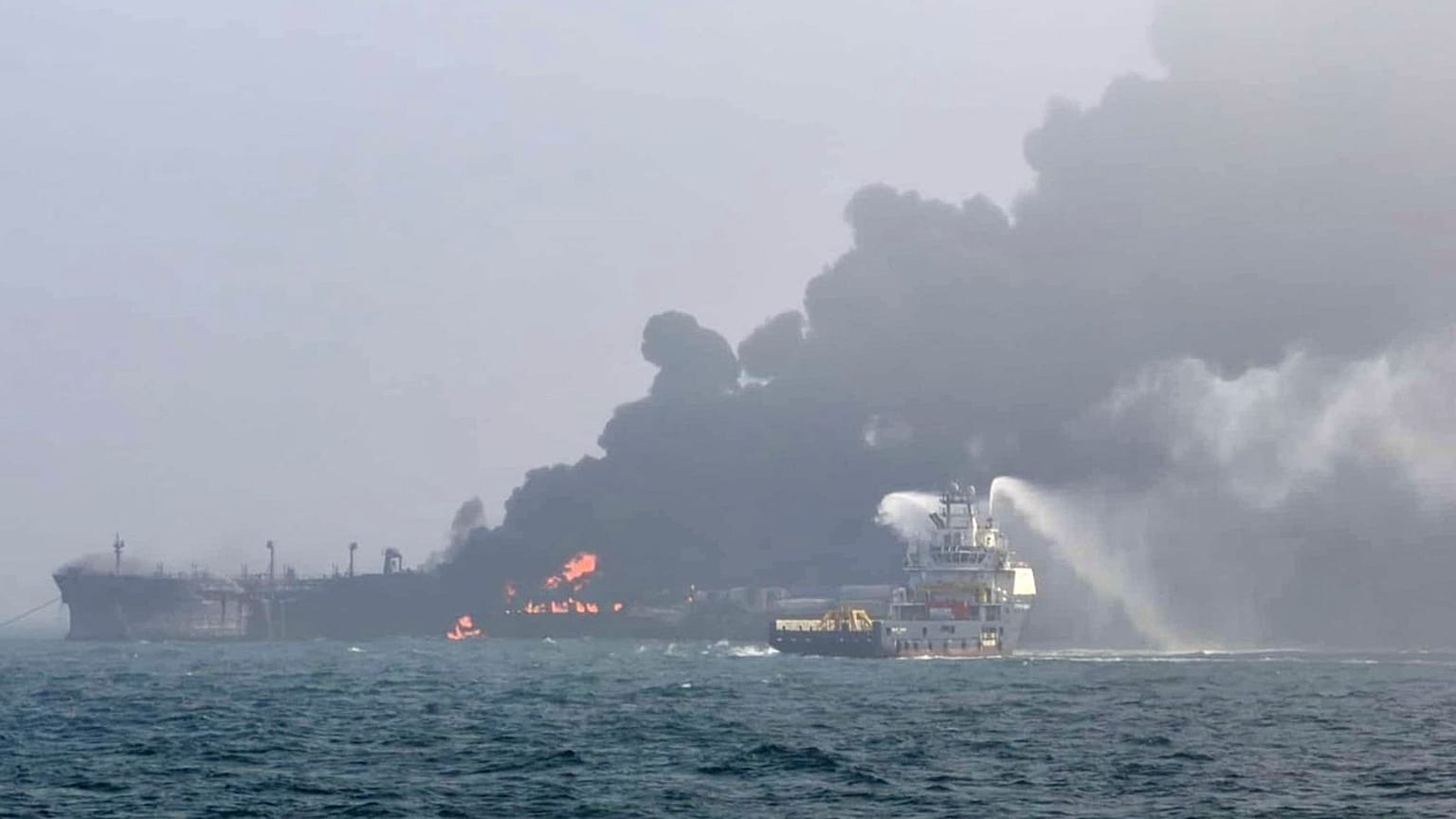  cargo ship hit a tanker transporting jet fuel for the US military off eastern England on Monday, setting both vessels ablaze and sending fuel pouring into the North Sea.