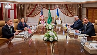 From left, US National Security Advisor Mike Waltz, US Secretary of State Marco Rubio, Saudi Foreign Minister Prince Faisal bin Farhan Al Saud, Saudi National Security Advisor